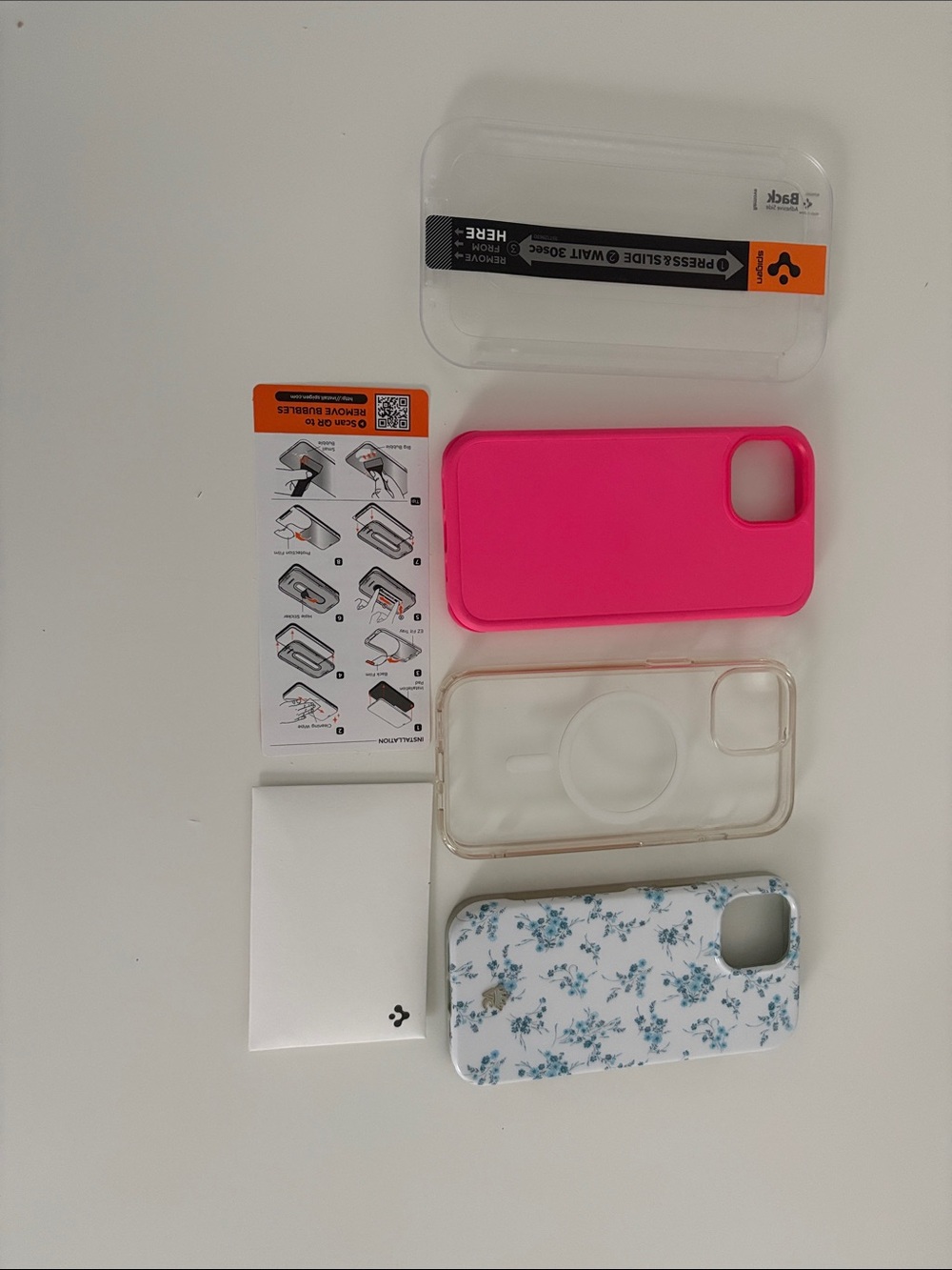 iPhone 15 Phone Case Set - Hot Pink, Clear & Floral White Covers